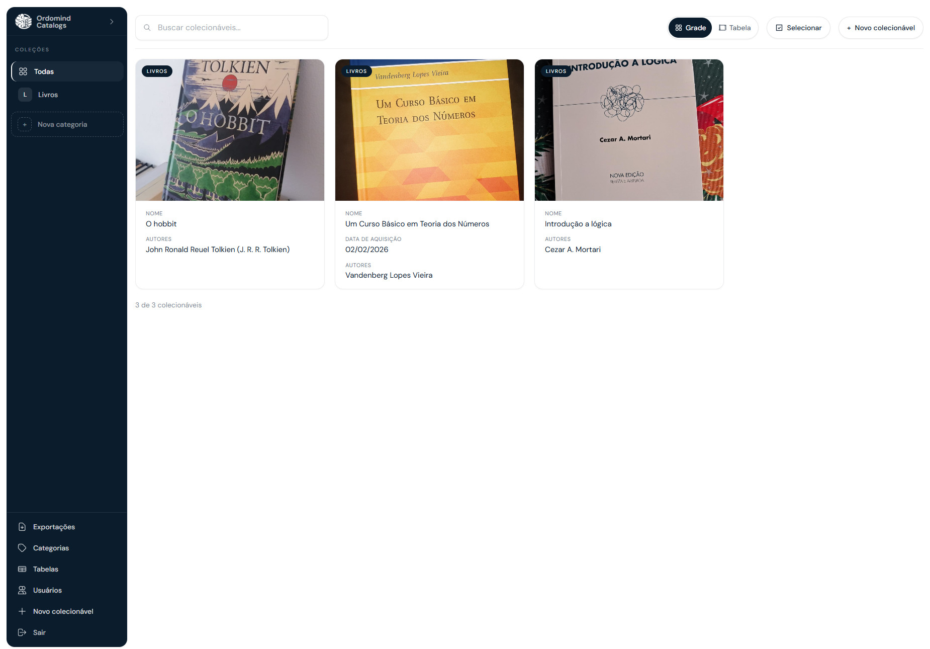 Galeria do catálogo em grade ou tabela